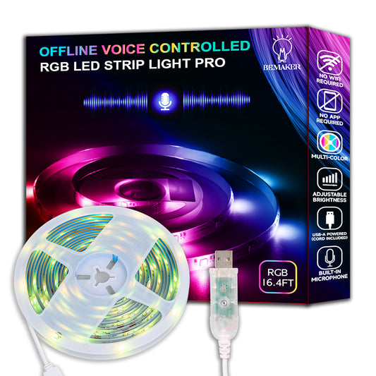 RGB LED 16.4FT Strip Light PRO，USB Offline Voice Controlled ,Resin-Coated, Always Listens，Always Private,No Internet No APP, Always Reliable,Home Decor，Party Decor