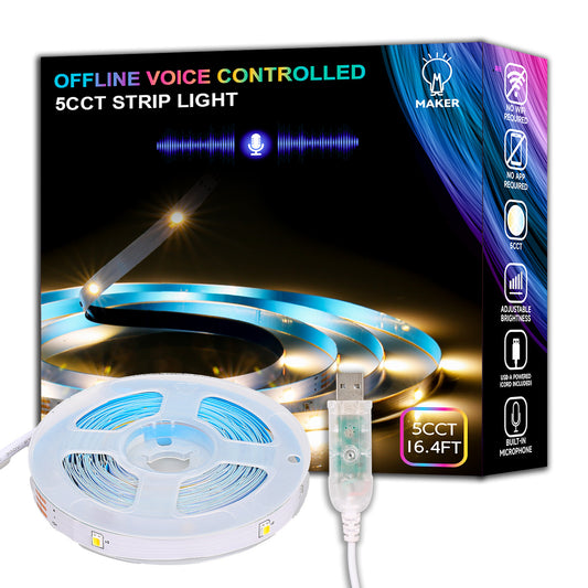 USB 5CCT STRIP LIGHT OFFLINE VOICE CONTROLLED,5 Levels Color Temperature Adjustable,NO APP NO Wifi Voice Control Strip Light, Flexible LED Light For TVBackground,Computer Background,Home Decor,Bedroom Decor,Living Room Decor,Cabinet Decor