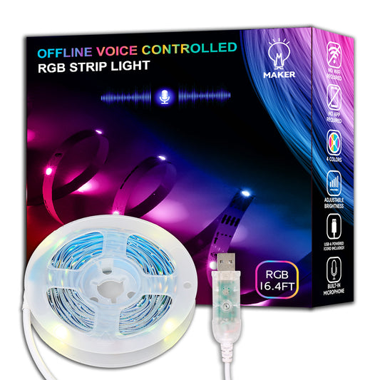 USB Offline Voice Controlled RGB LED 16.4FT Strip Light,RGB Color Changing LED Strip Light,no APP Needed,Gaming Atmosphere light for Home Office,TV Background Light,DIY Decoration